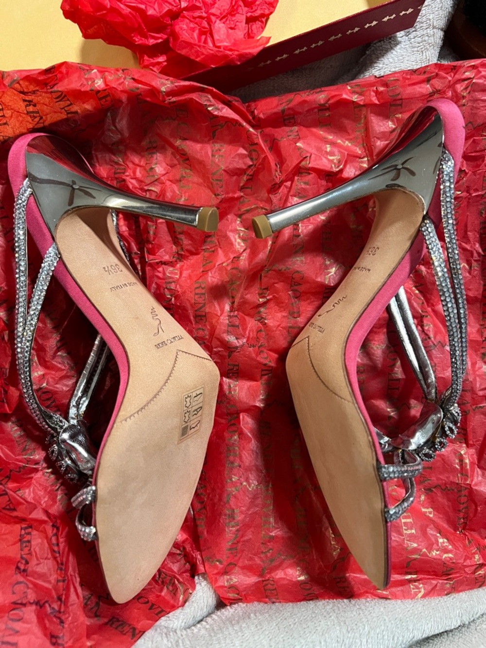Rene Caovilla Silver and Pink Crystal-Embellished Satin Slide Sandals - Picture 3 of 4